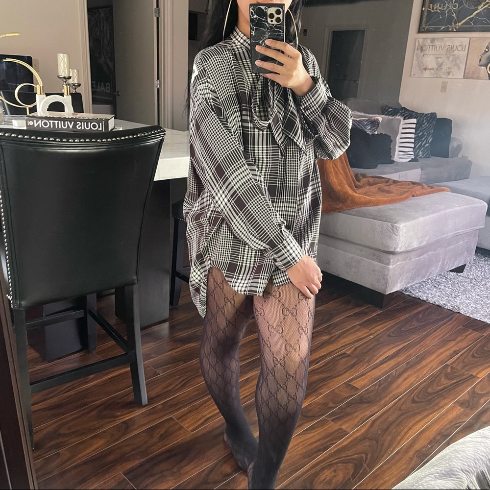 New Balenciaga Checked Pussy Bow Logo Shirt In Multi - Black White Button Down
